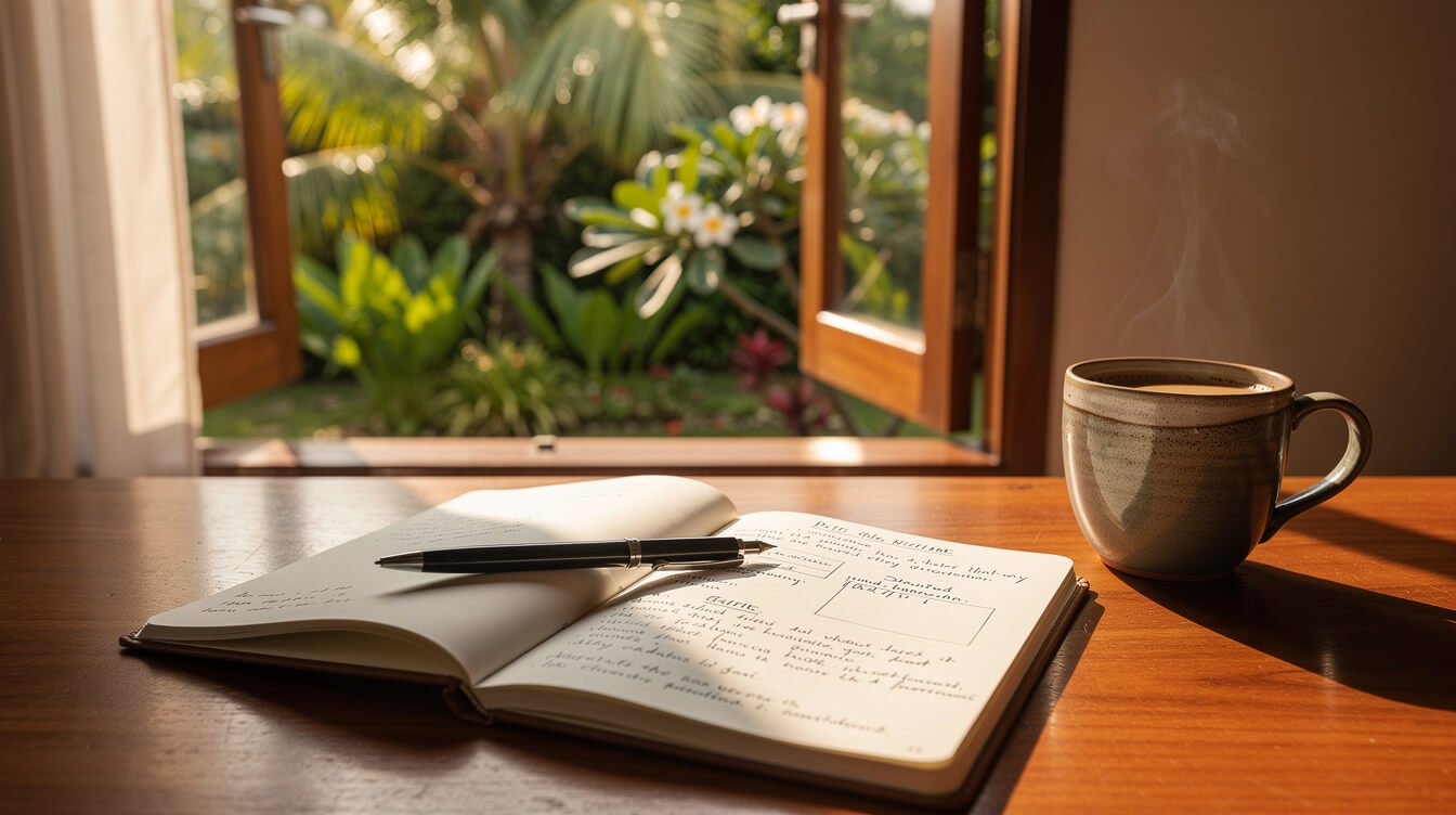 planning a bali spa wellness retreat notebook and coffee