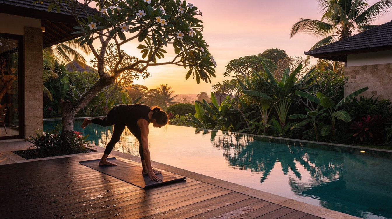 morning yoga practice on a private villa pool deck in Ubud