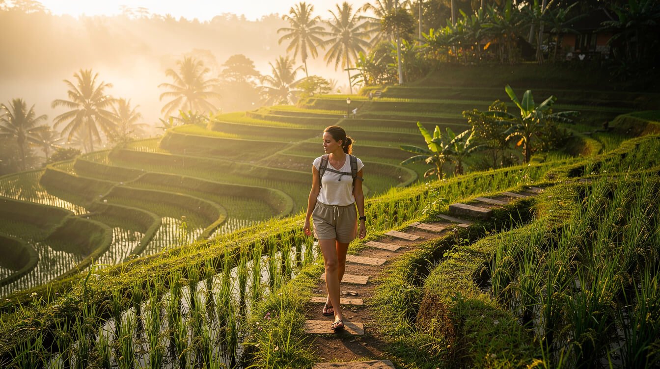solo traveller walking through Ubud rice terraces during retreat