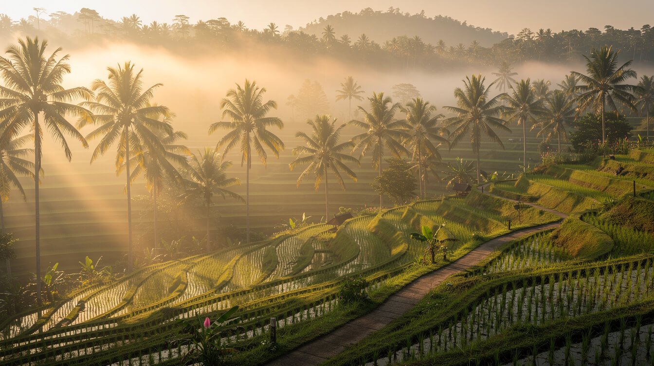 Misty morning rice terraces in Ubud Bali