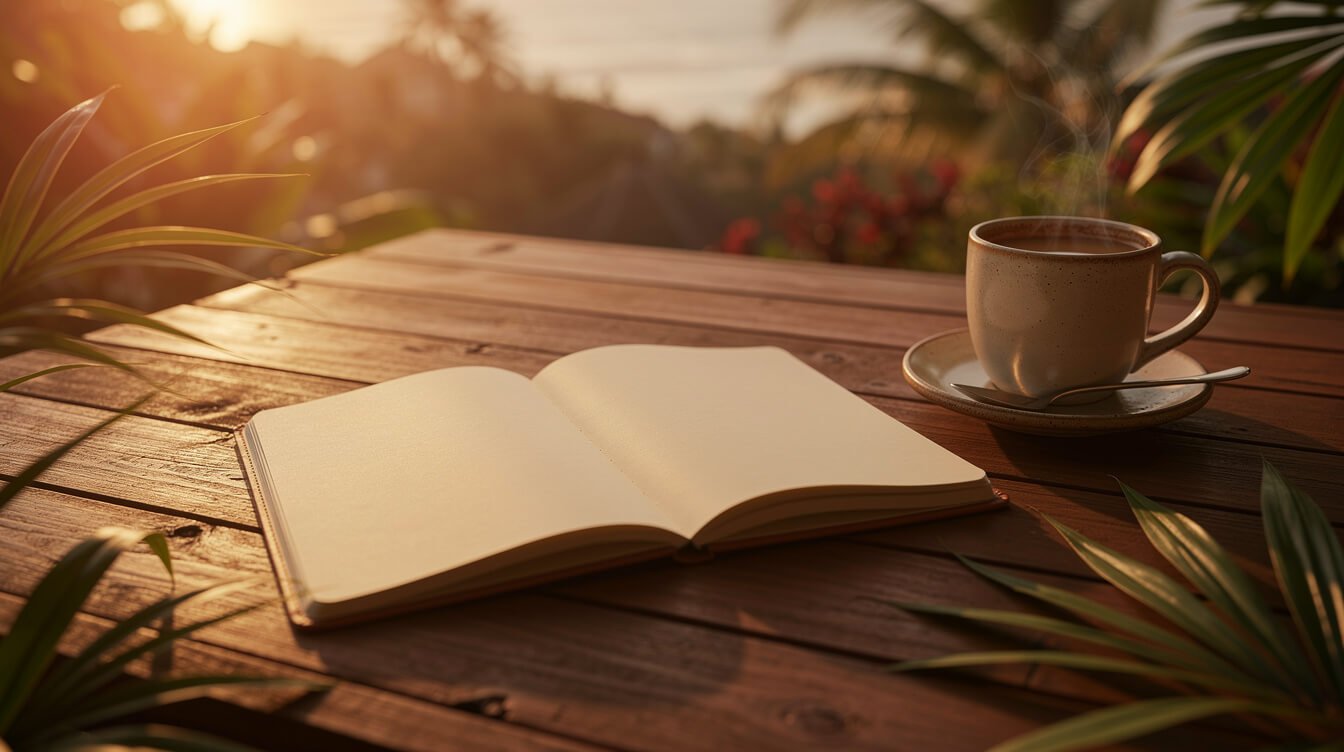 Open notebook and coffee on a Bali deck at sunset