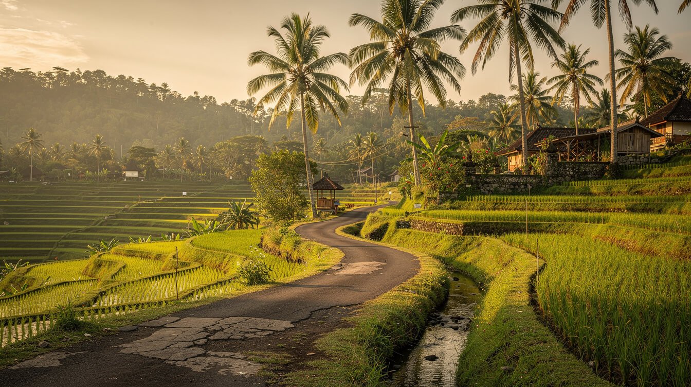Scenic road through Bali countryside from Ubud to Tampaksiring