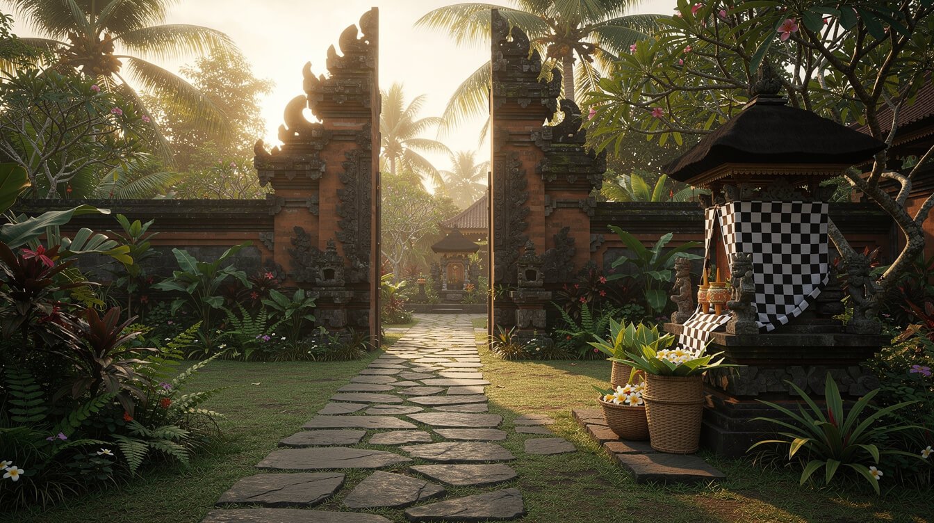 Balinese temple courtyard with stone carvings and tropical garden