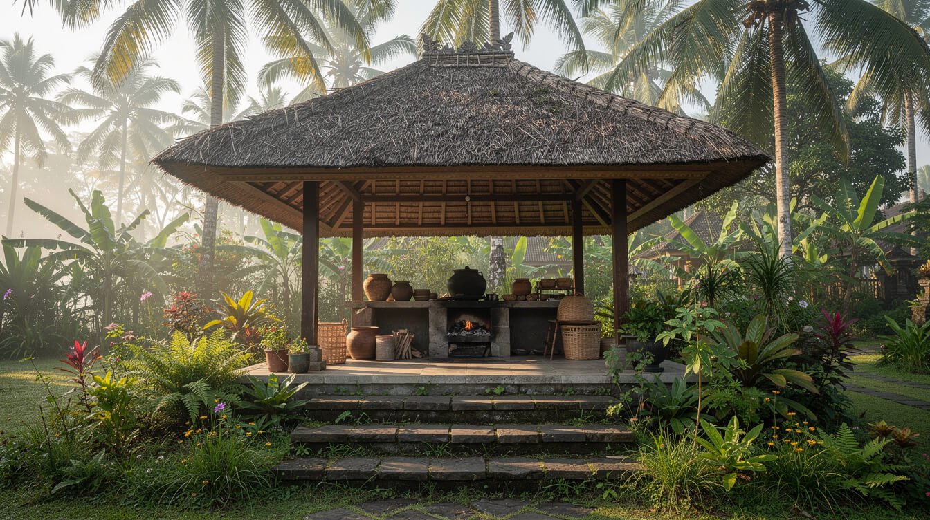 Traditional open-air cooking school surrounded by tropical gardens near Ubud