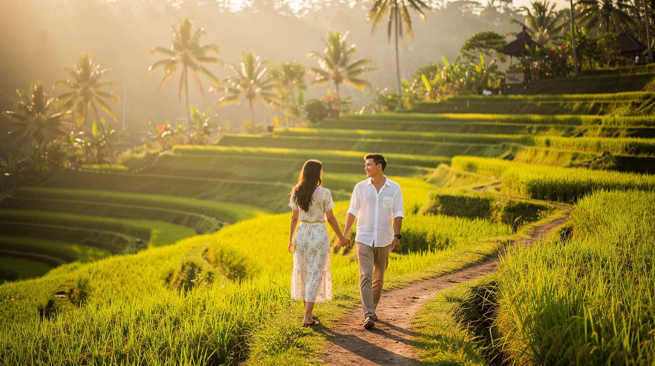 Travelers exploring Ubud Bali rice terraces golden hour