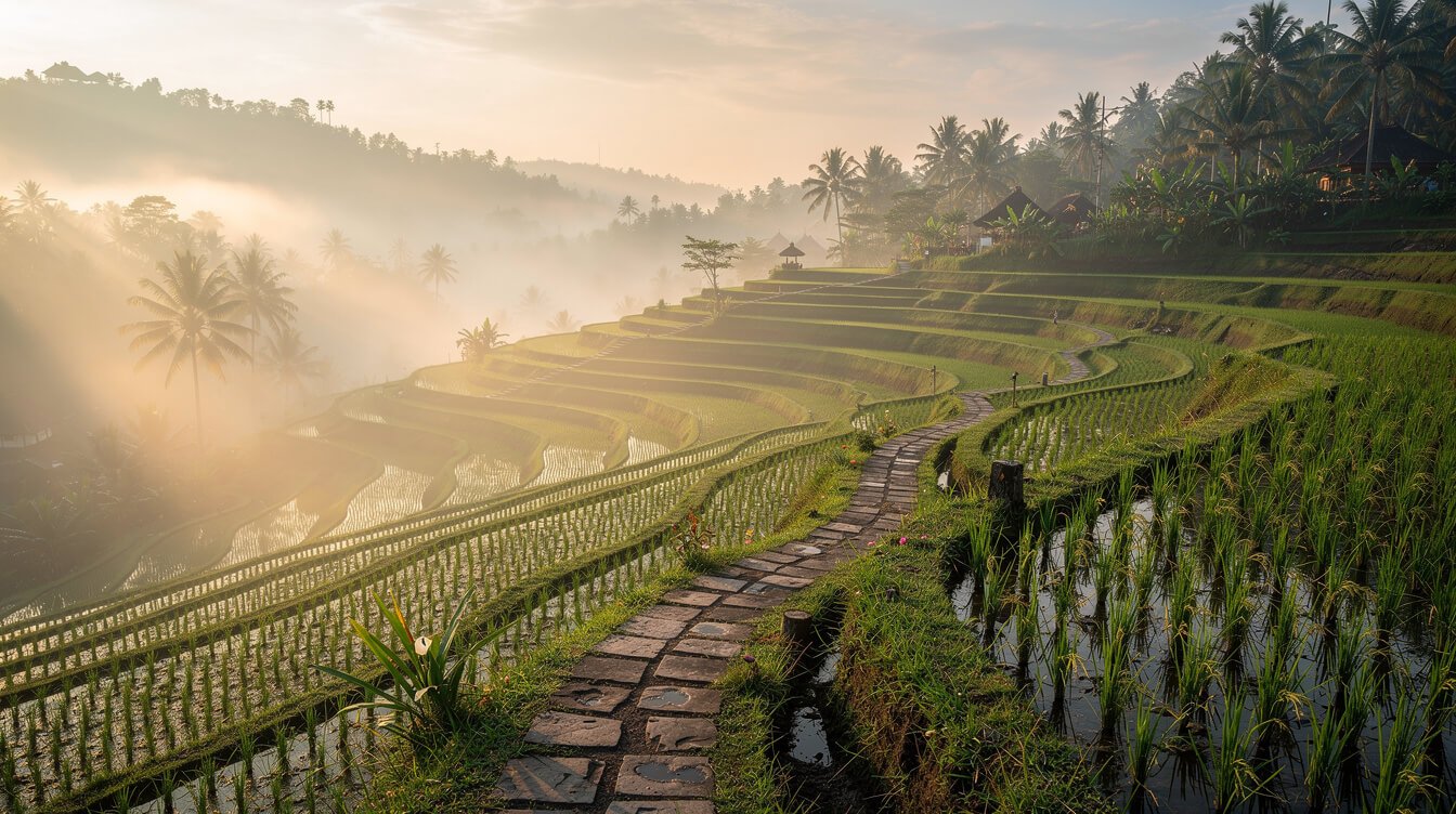 Ubud rice terraces morning mist