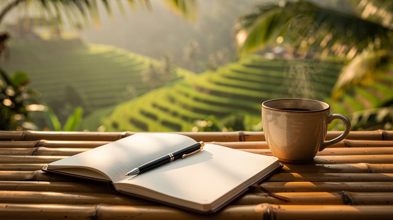 Journal and coffee overlooking Ubud rice fields