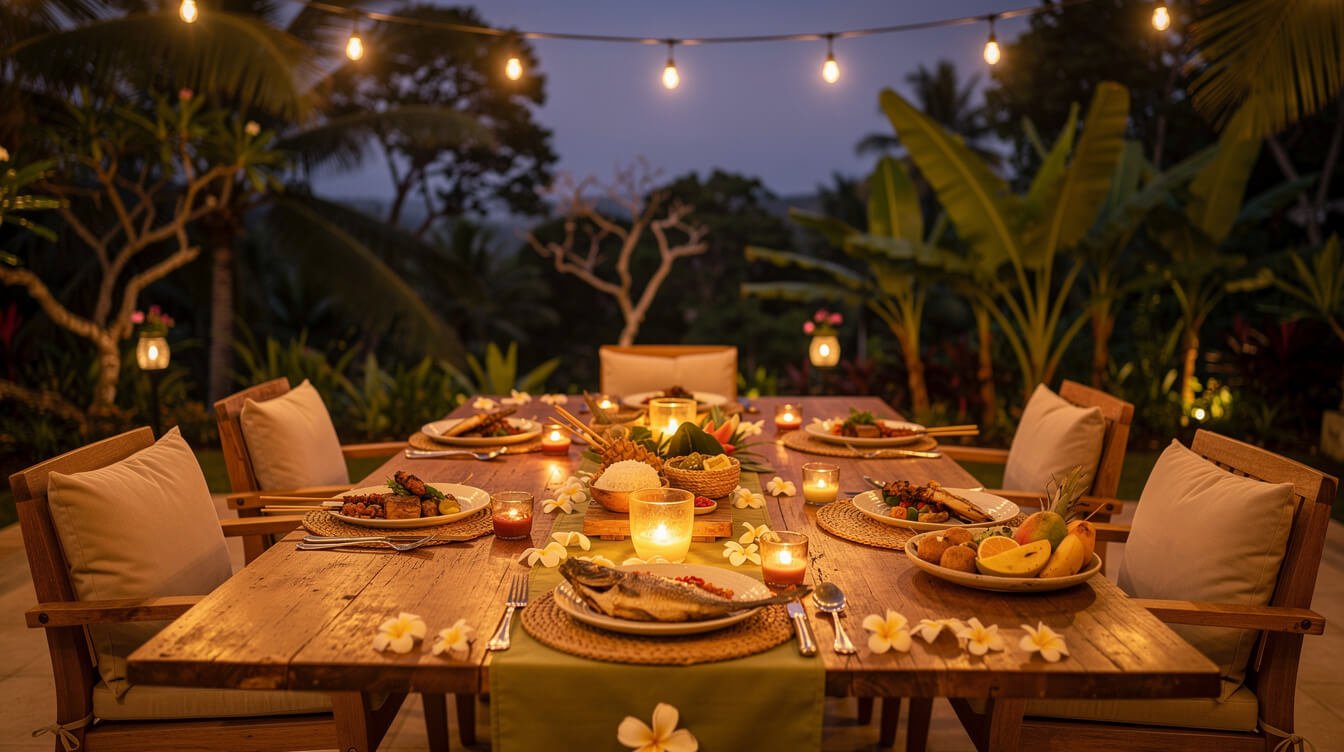 Evening dinner setting at a Balinese villa with warm string lights and tropical garden