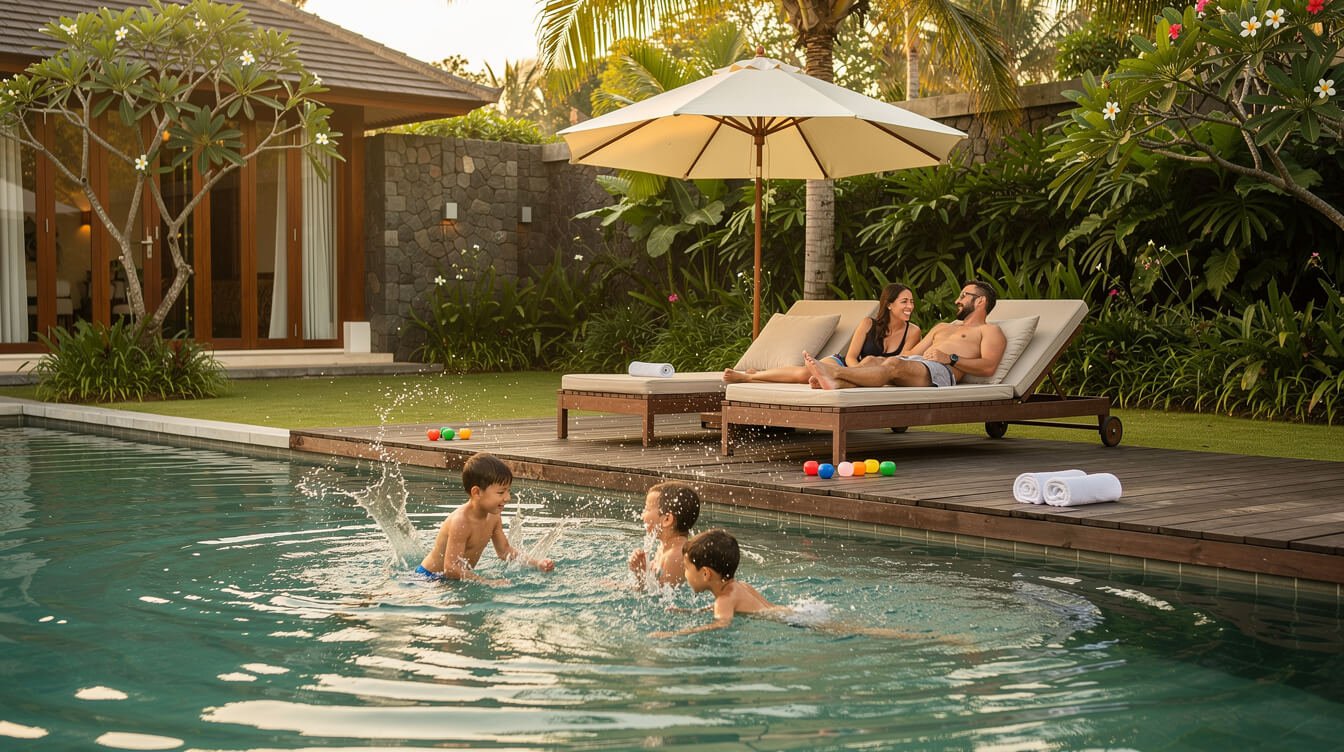 Family relaxing at a private Bali villa pool in warm afternoon light