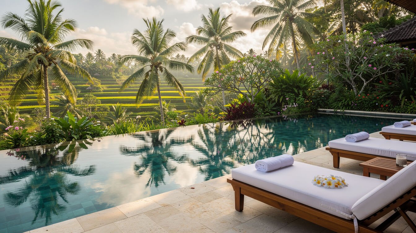 Beautiful infinity pool at a private Ubud villa surrounded by tropical garden