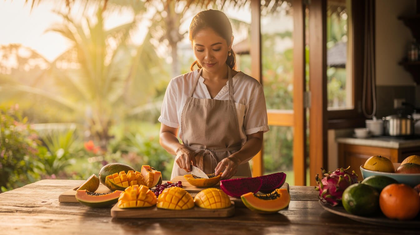 Balinese chef preparing fresh tropical breakfast in an open-air villa kitchen