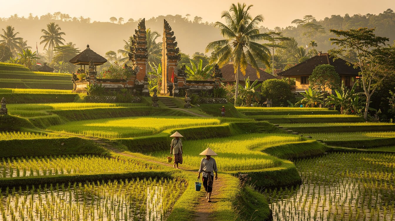Traditional Ubud village scene with rice terraces at golden hour