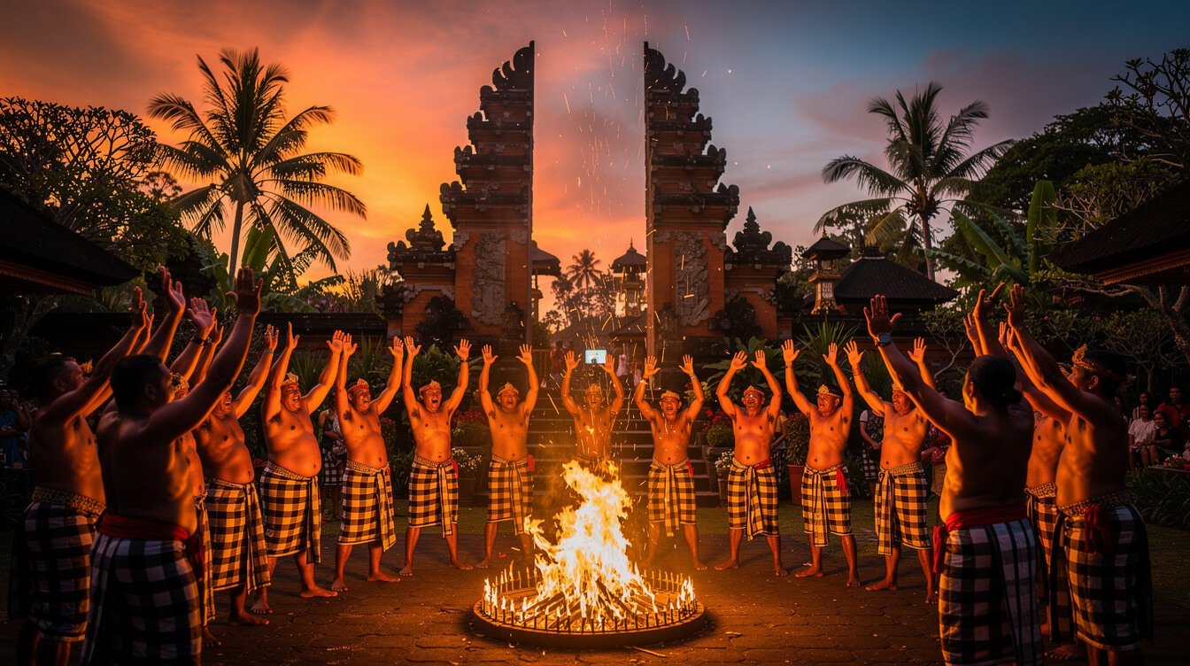 Balinese cultural performance at dusk in Ubud