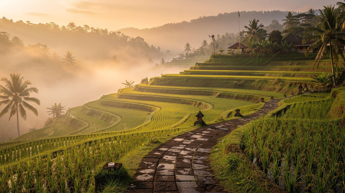 Warm Ubud morning rice terraces