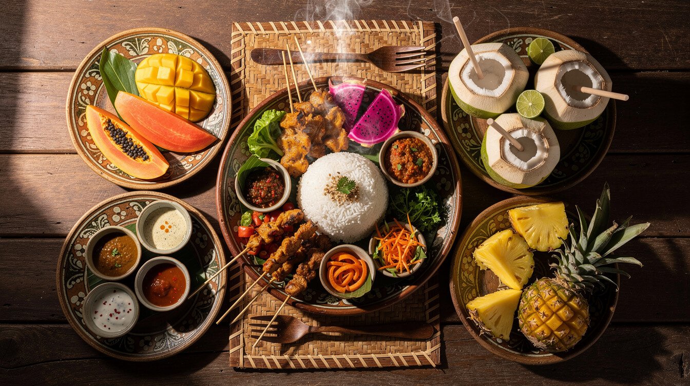 Colorful Balinese food spread in Ubud