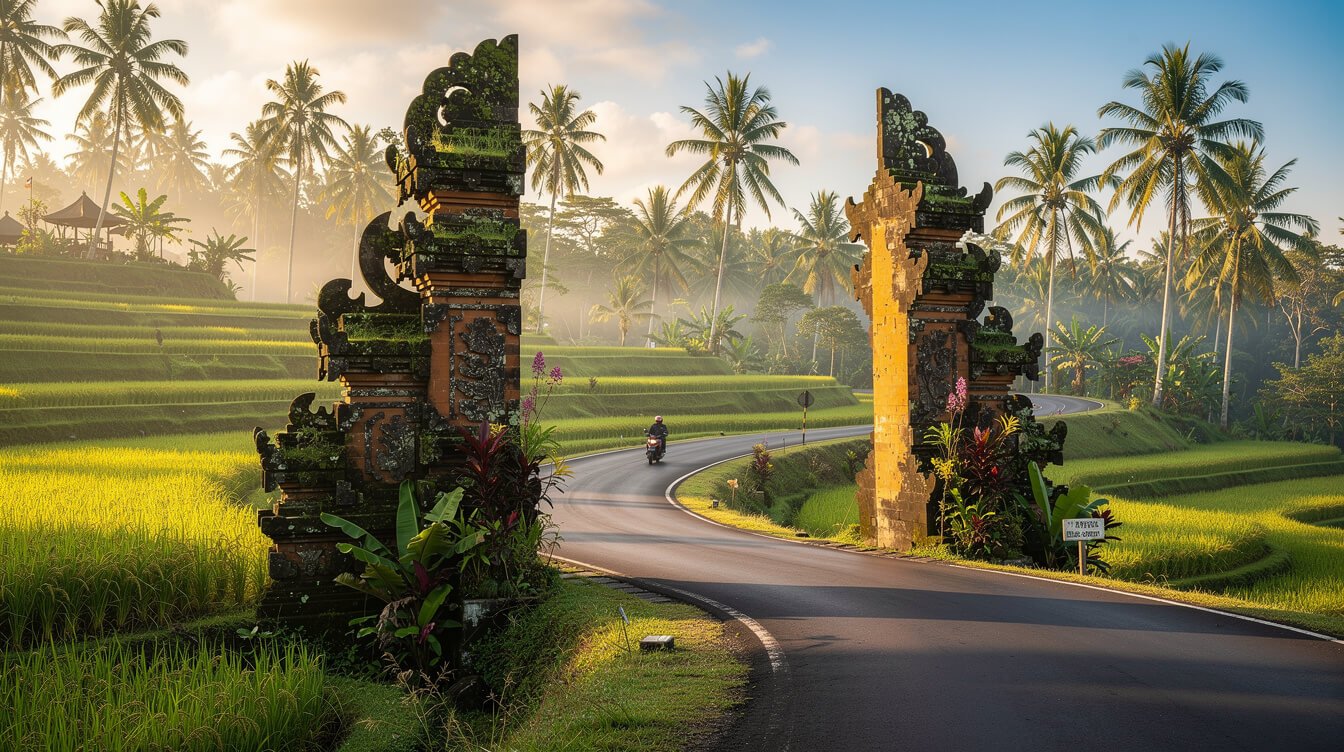 Bali road through rice terraces and palm trees
