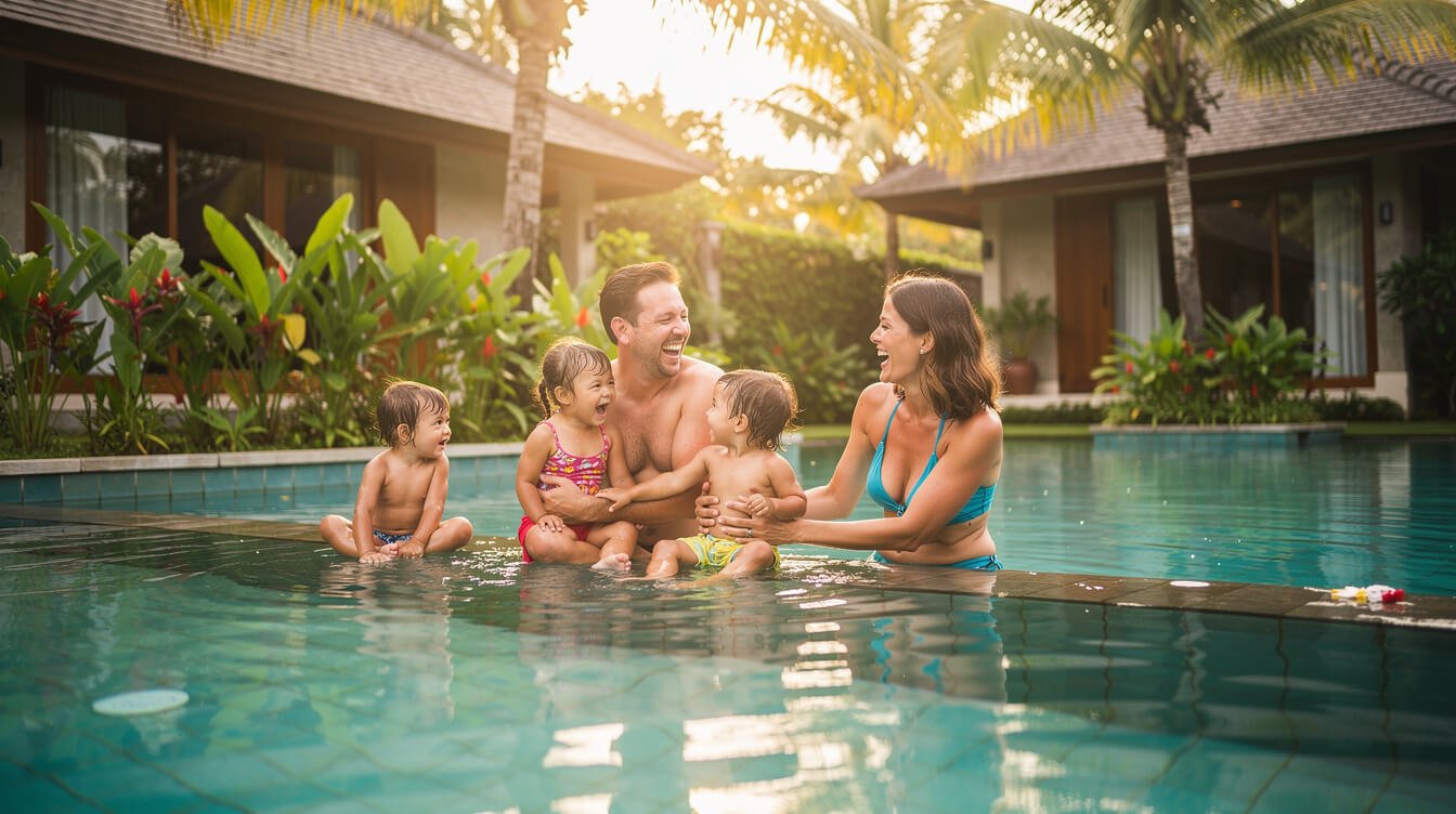 Family enjoying tropical villa pool in Bali