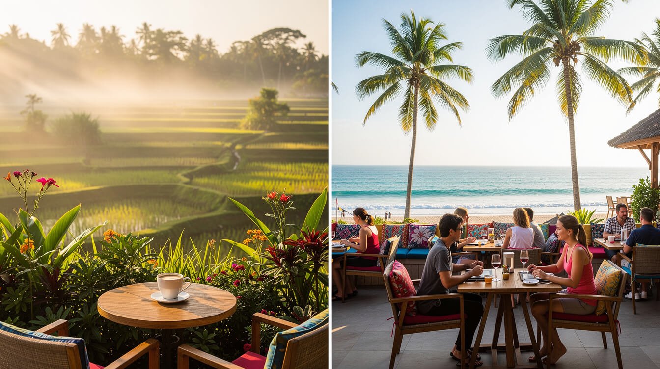 Morning scene comparing Ubud villa life and Seminyak beach culture