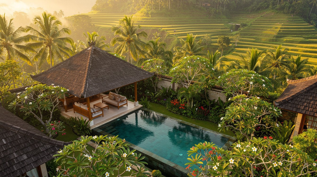 Aerial view of a private villa compound in Ubud Bali