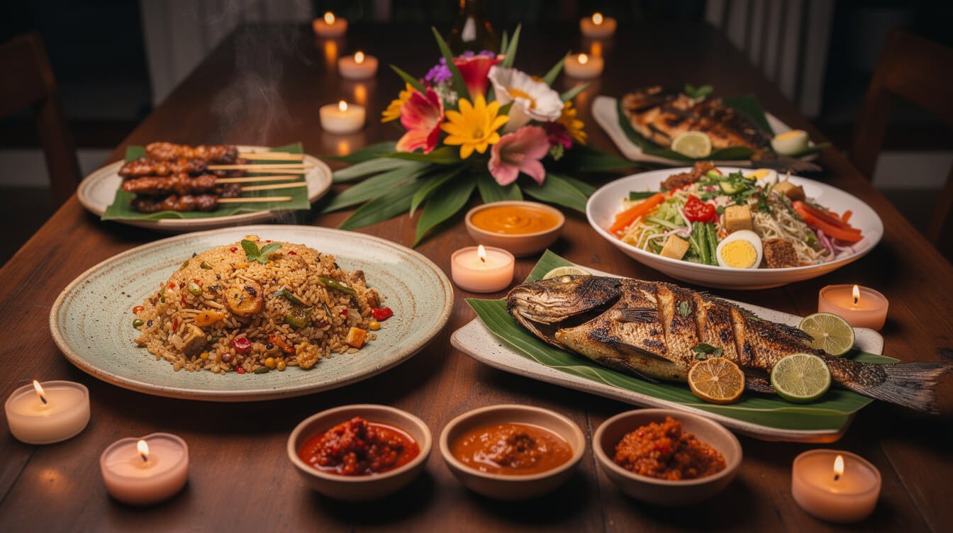 Traditional Balinese dinner spread at a private villa