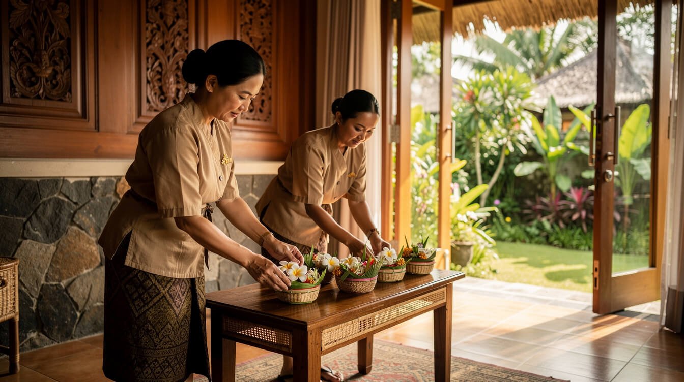 Villa staff arranging welcome flowers at a Bali villa