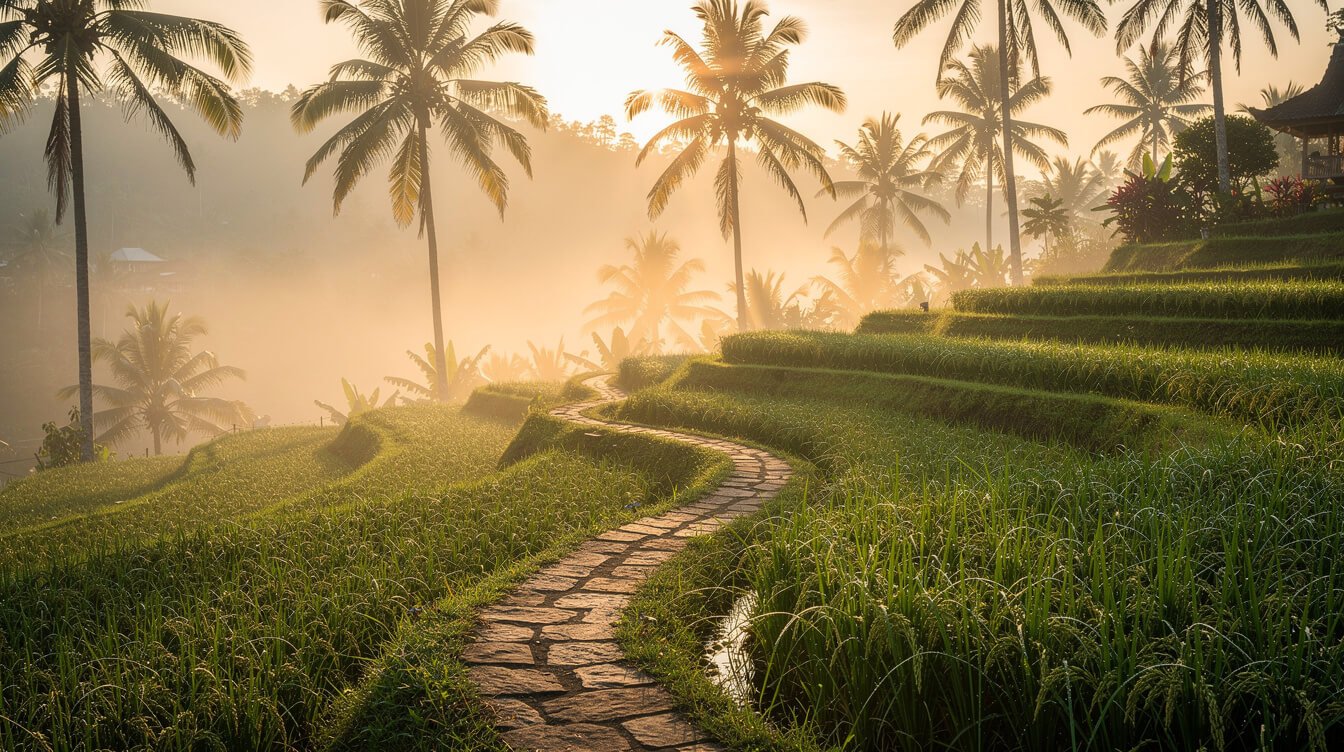 Ubud rice terraces morning mist