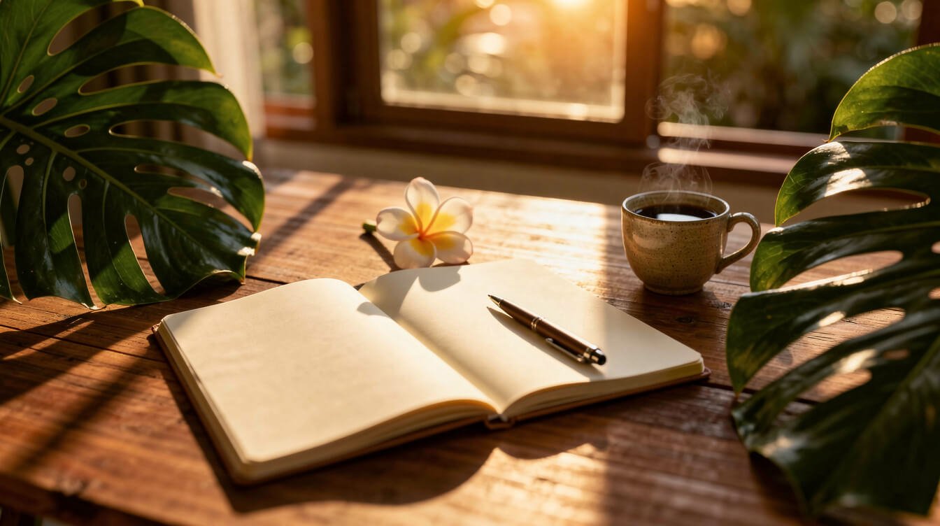 Tropical notebook and coffee on villa table