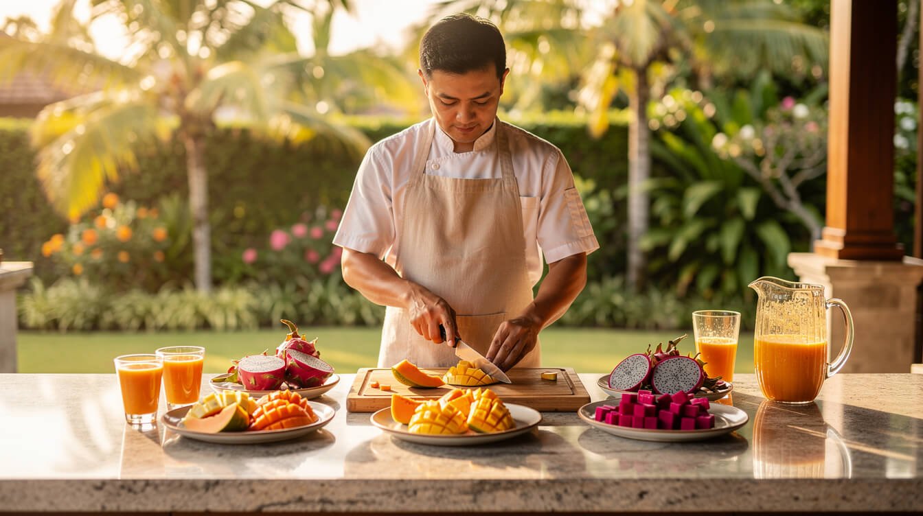 Balinese chef preparing tropical breakfast at private villa