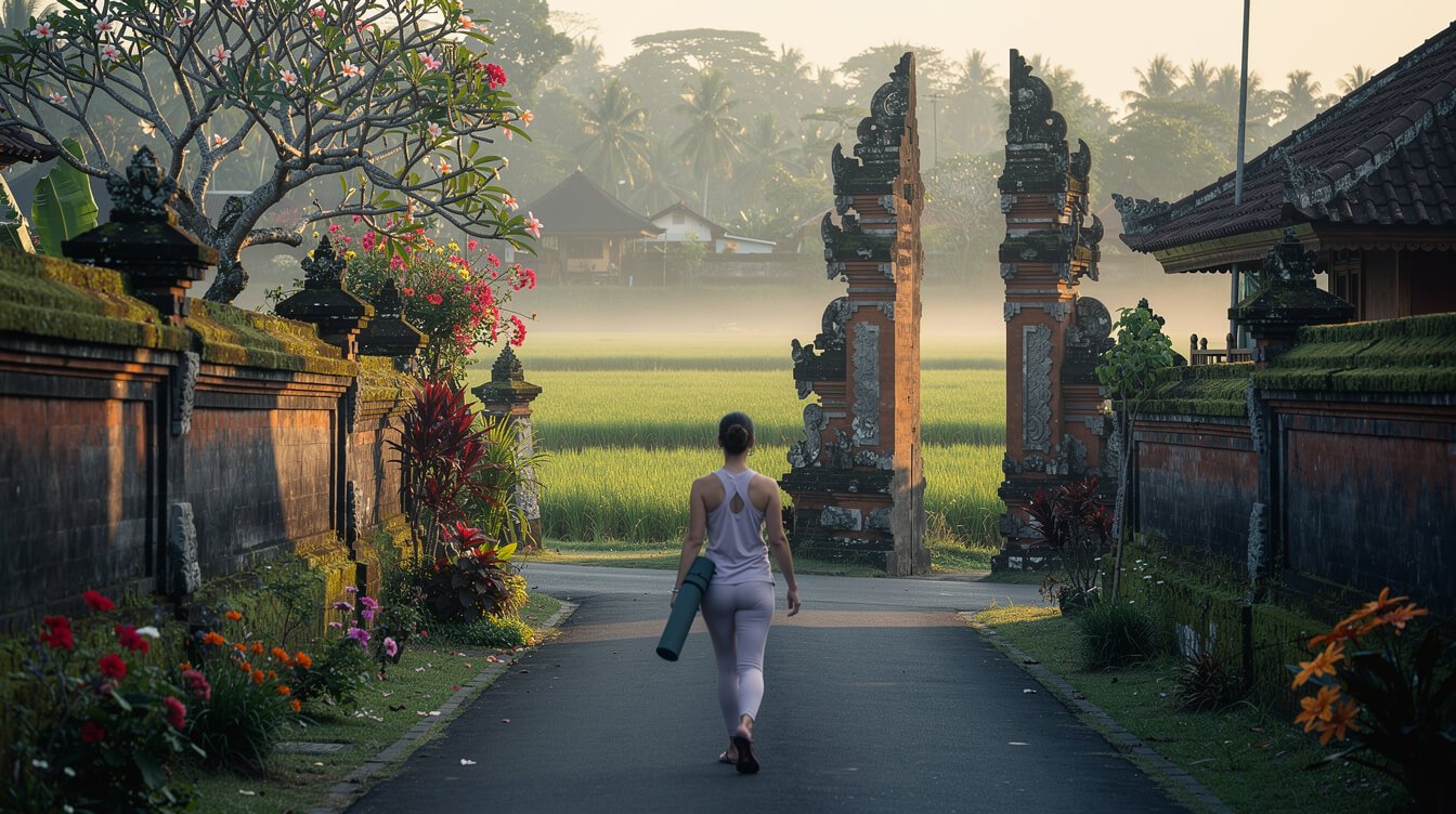 walking through Ubud village with yoga mat at dawn