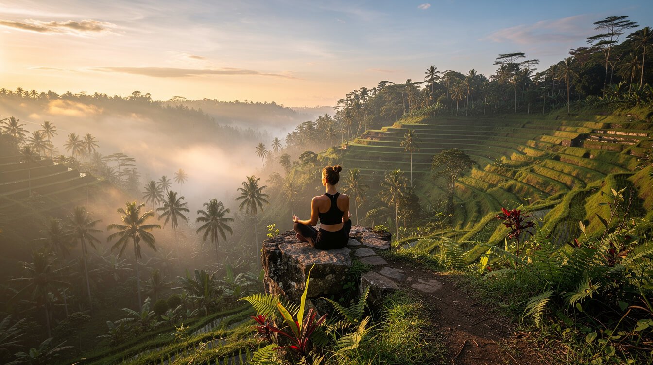 meditation practice overlooking Ubud rice terraces