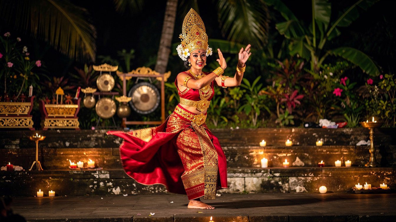 Traditional Balinese dance performance at ARMA museum open-air stage