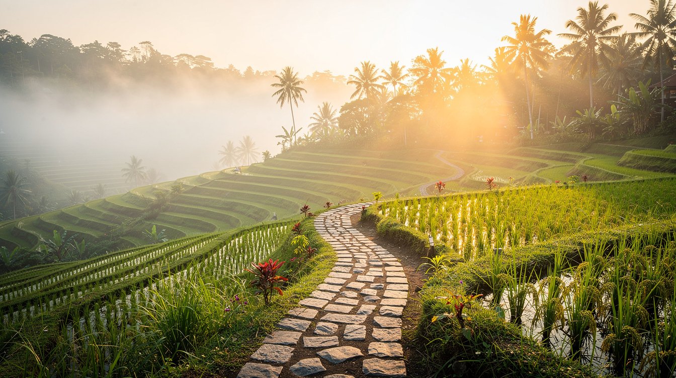 Ubud rice terraces morning mist sunrise