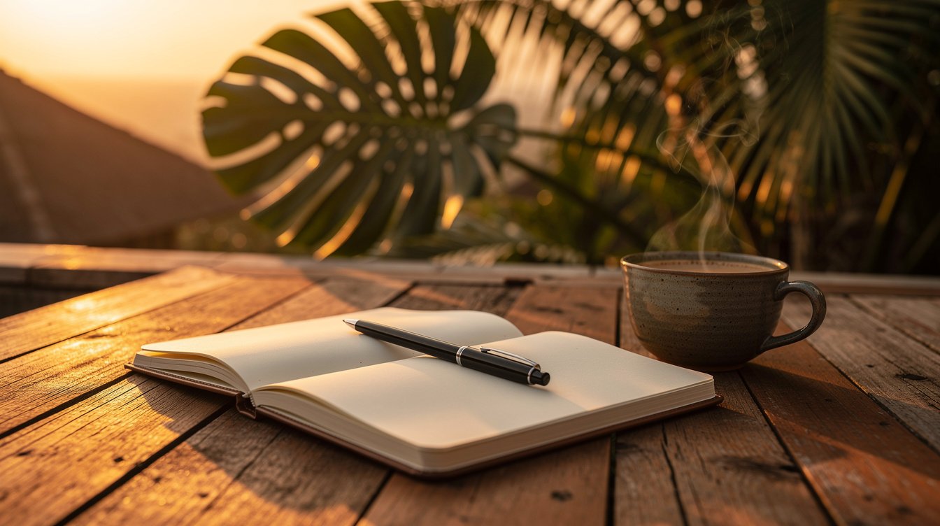 Notebook and coffee on villa deck tropical sunset