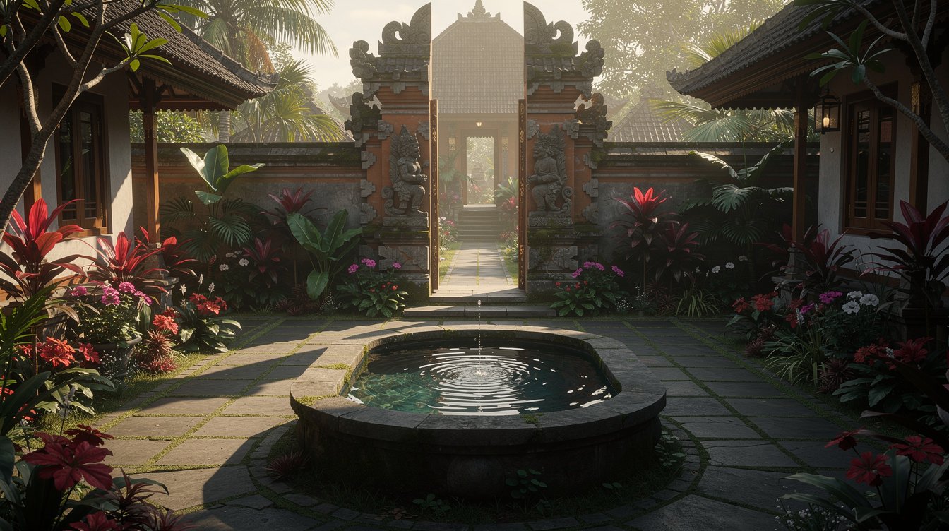 Balinese museum courtyard stone water feature and tropical flowers