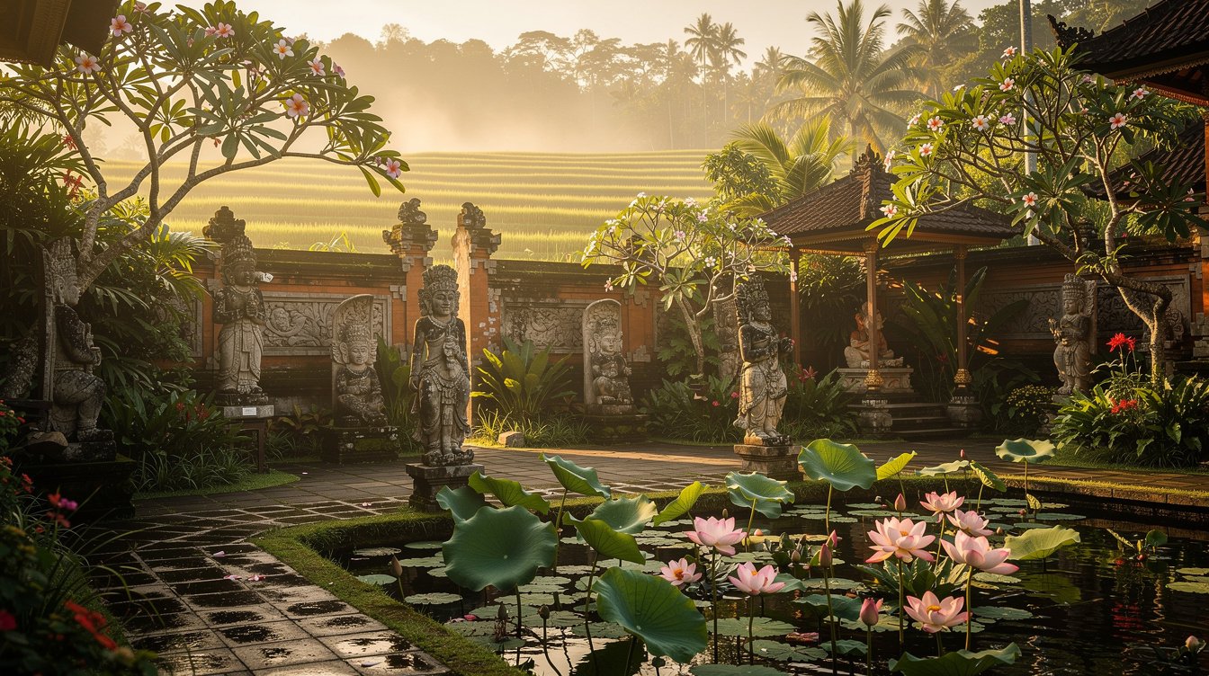 ARMA museum tropical gardens Ubud with stone sculptures and lotus pond