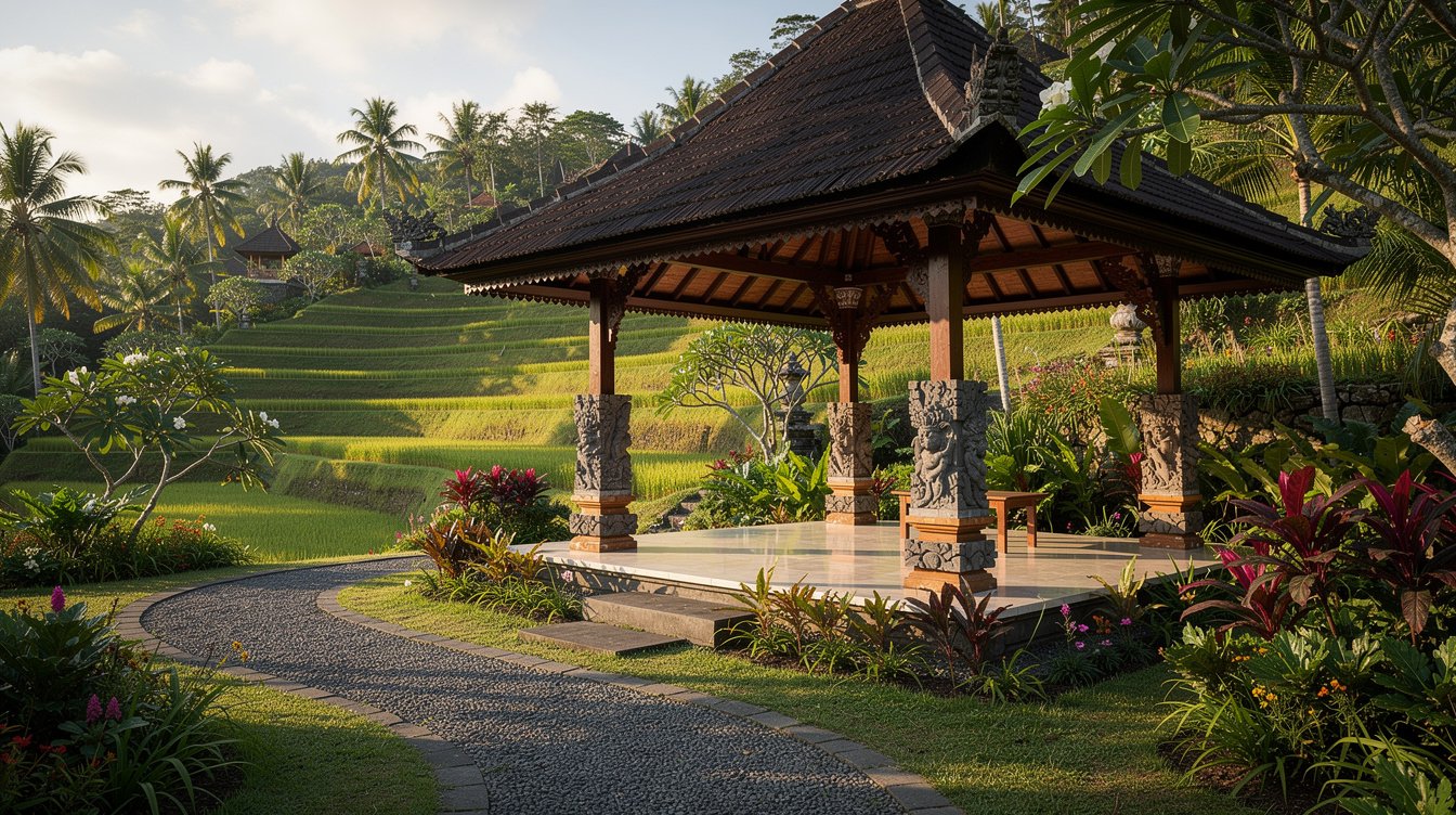 Peaceful Balinese museum pavilion tropical garden rice terrace view