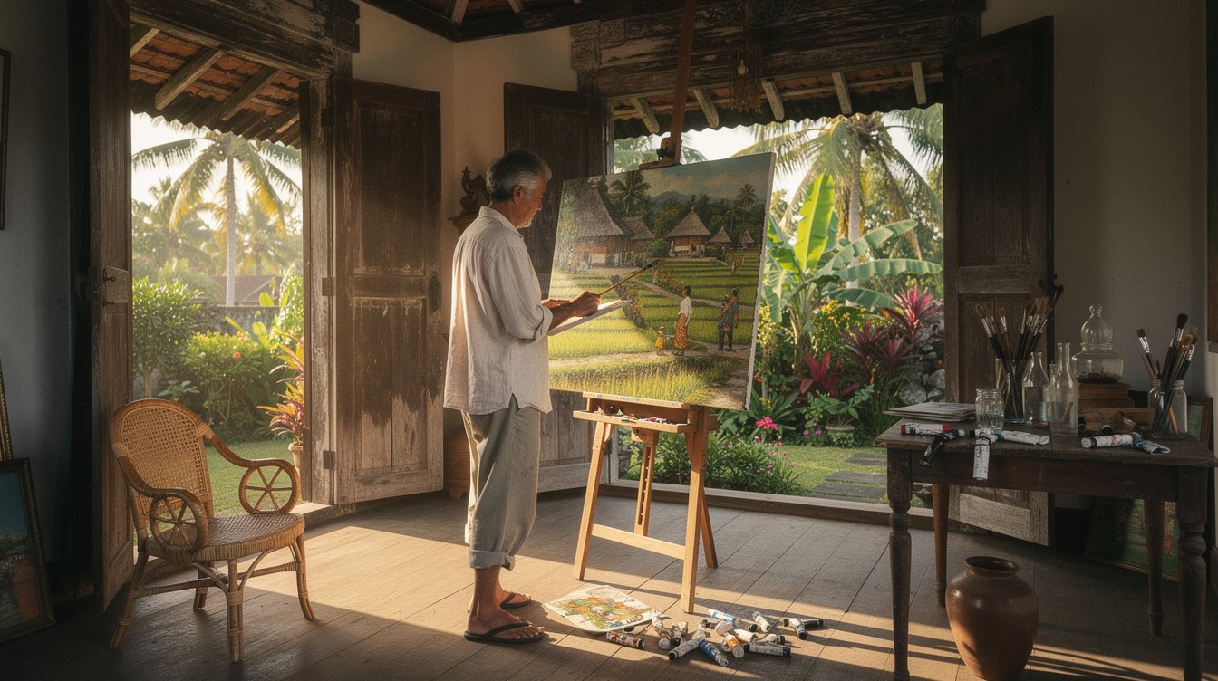 European painter in Balinese tropical art studio colonial era