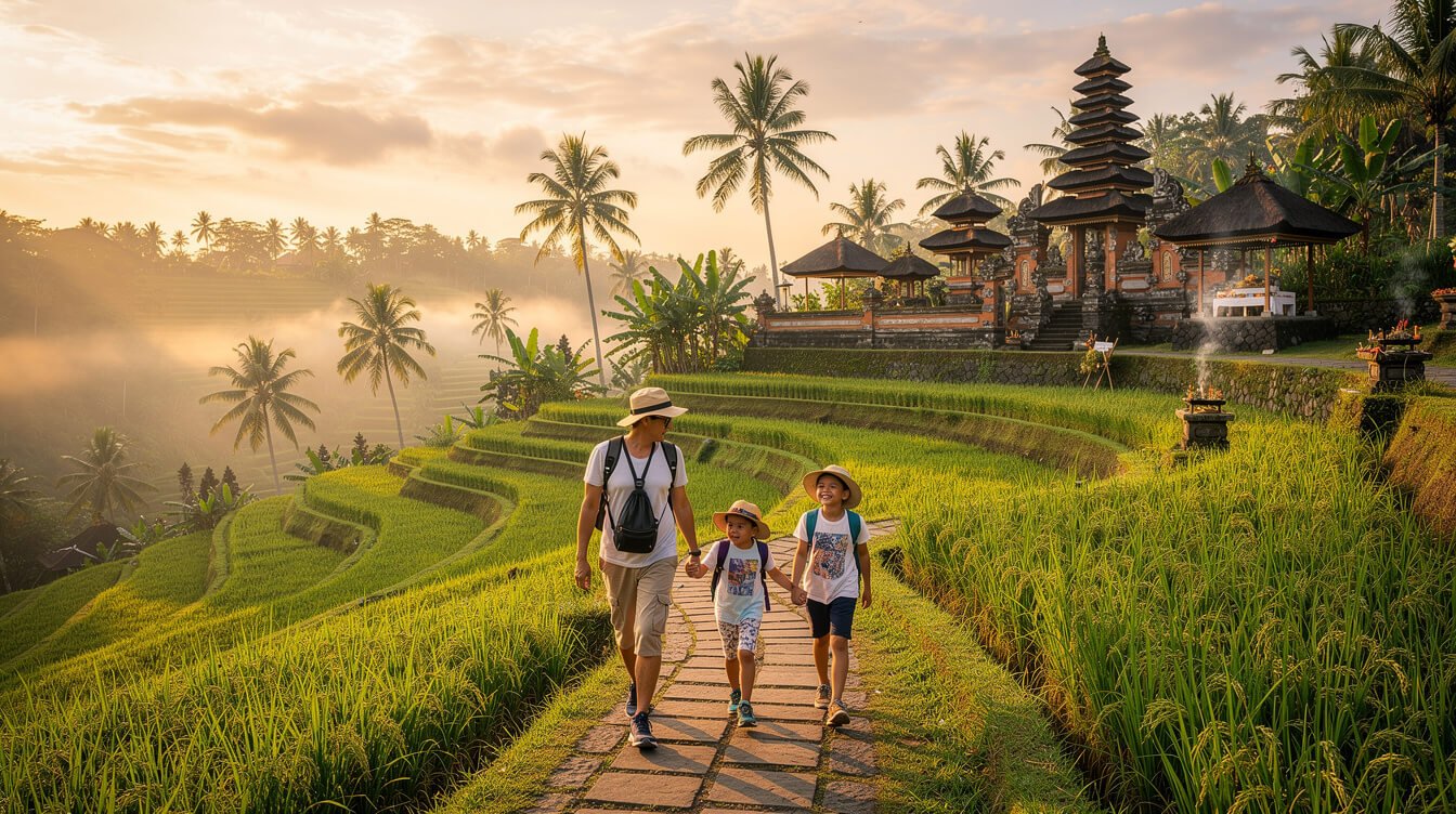 Family exploring rice terraces near Ubud Bali