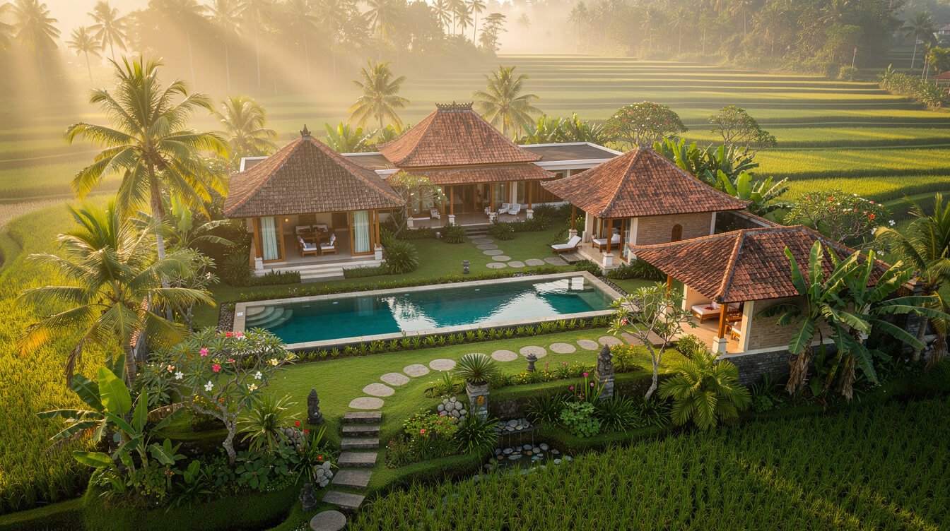 Aerial view of Bali family villa compound with tropical garden