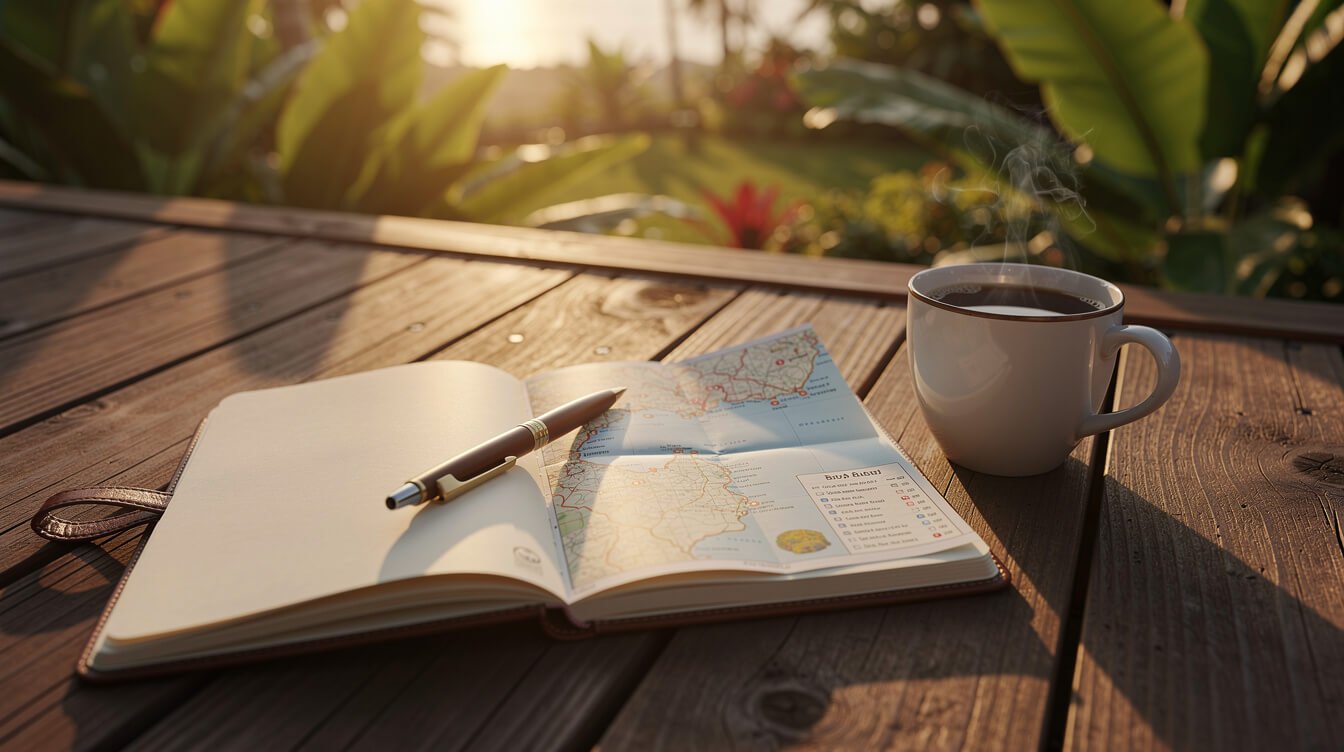 Bali family vacation planning on tropical deck