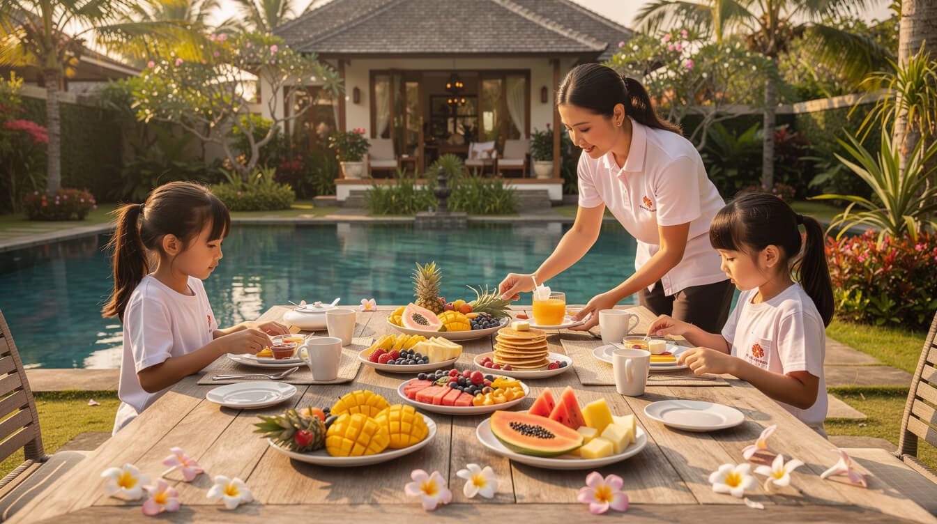 Balinese villa staff preparing family breakfast by the pool