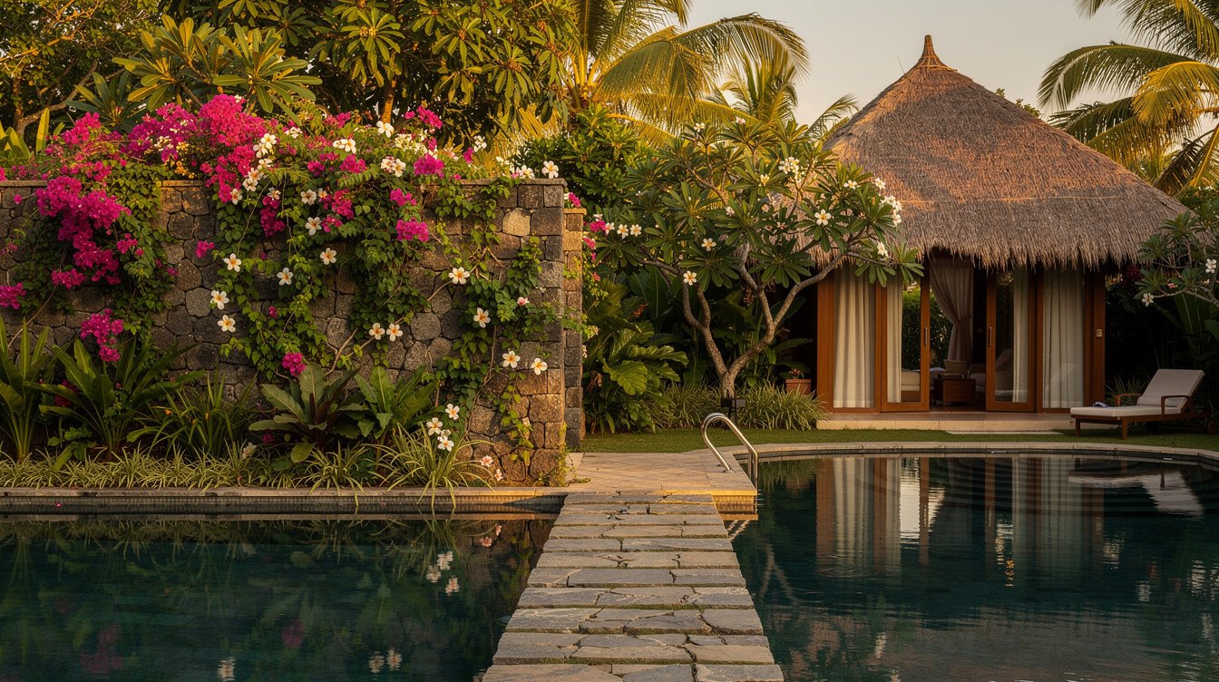private villa pool in Bali with tropical garden