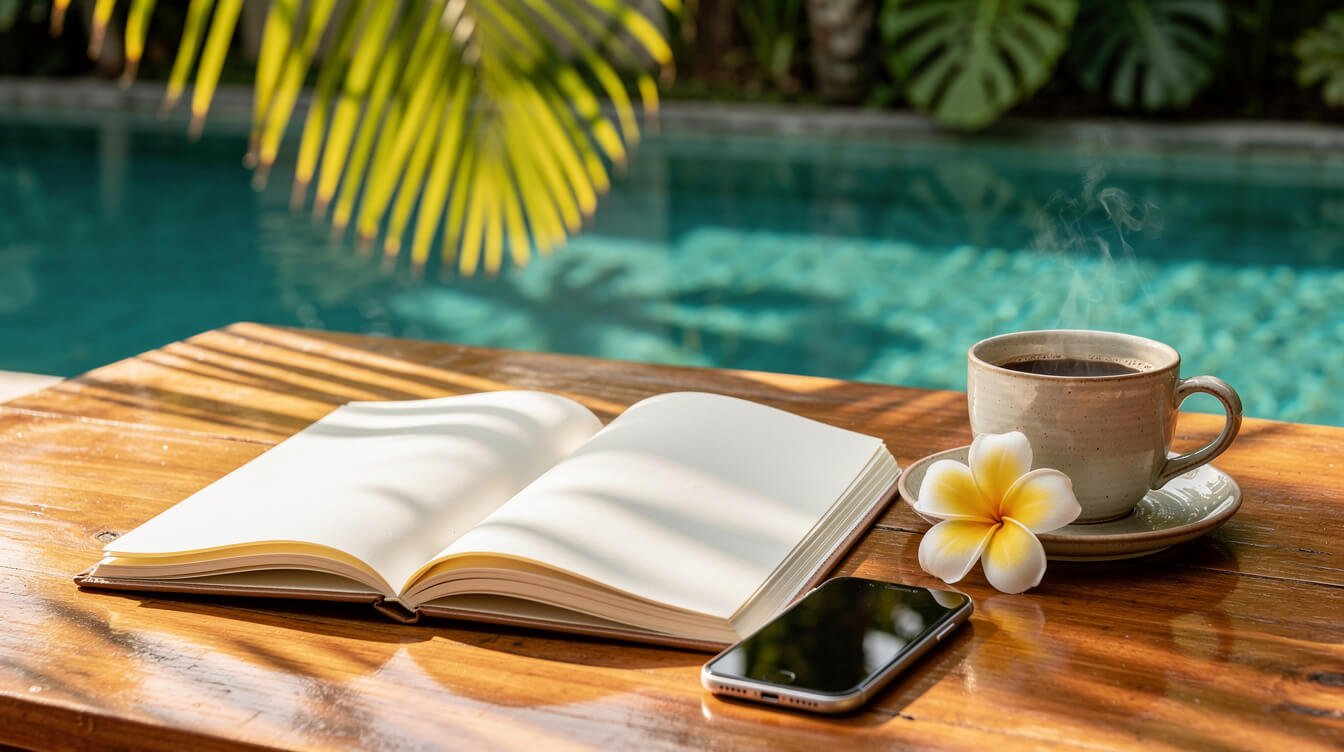 planning a luxury Bali trip with journal and coffee