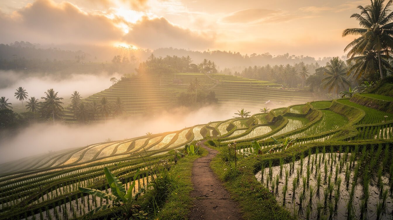 Misty Ubud morning rice terraces