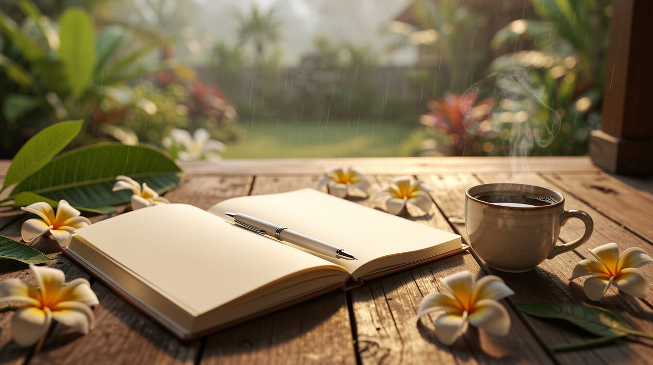 Open notebook with tropical flowers and Balinese coffee