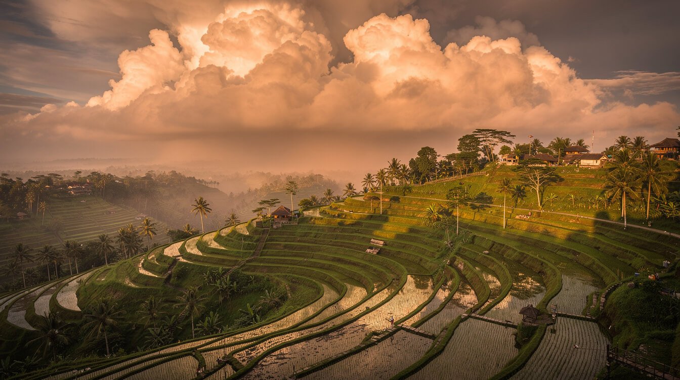 monsoon clouds building over Ubud rice terraces during Bali rainy season