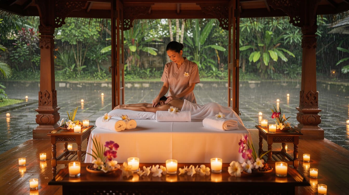 Balinese spa treatment during tropical rain in Ubud