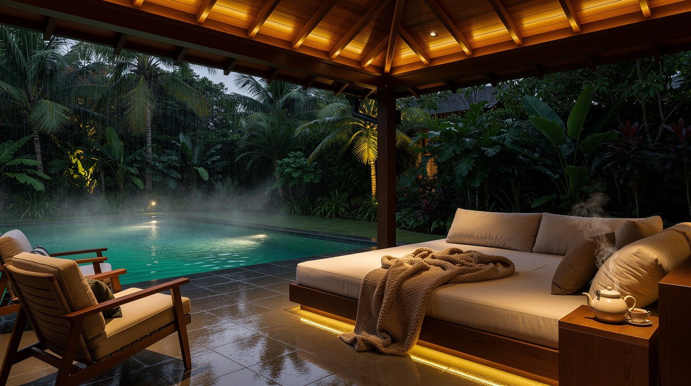 covered villa terrace overlooking pool during tropical rain in Ubud