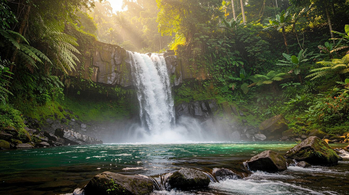 lush waterfall at full power during Bali wet season