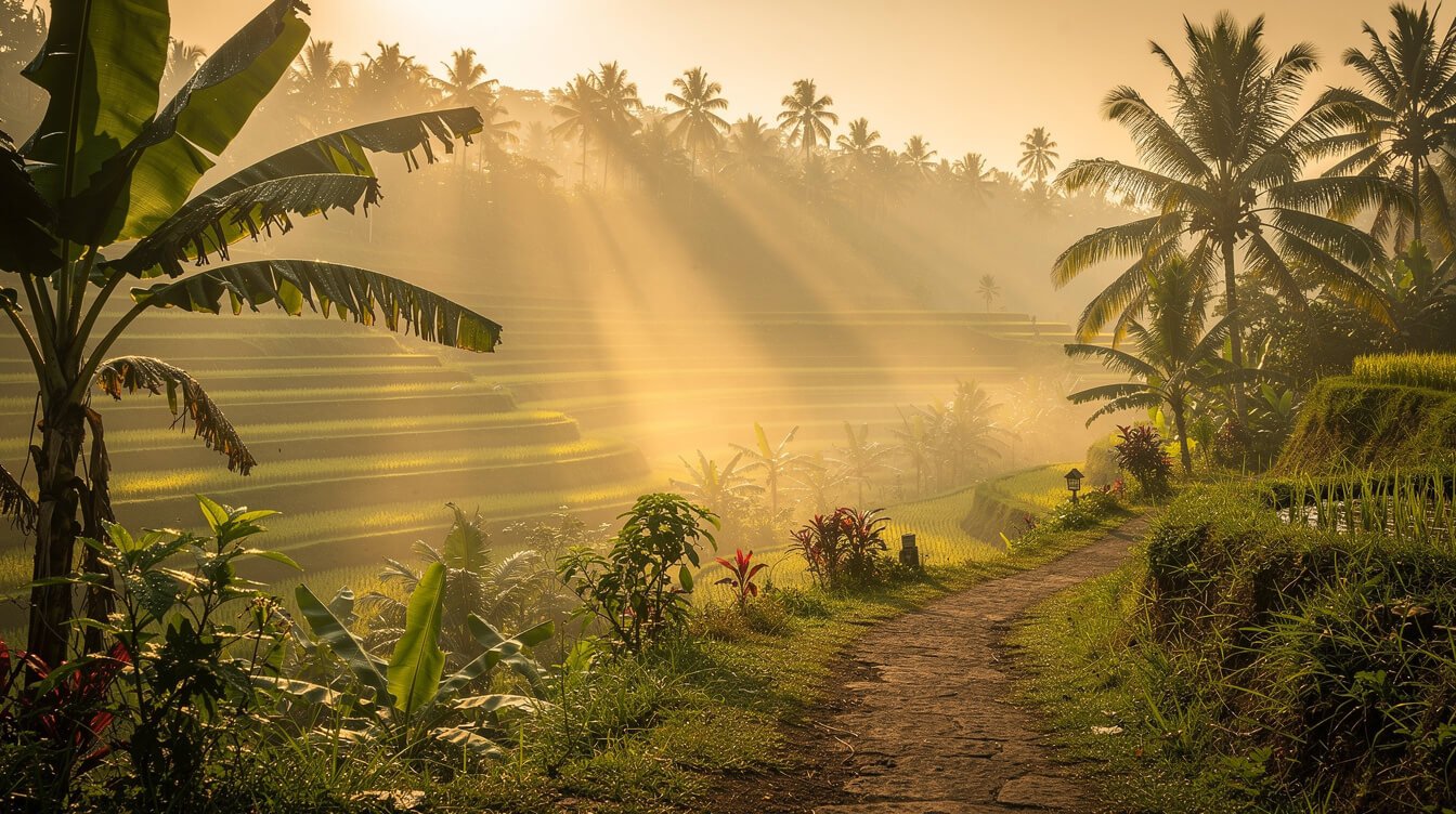 Warm Ubud morning rice terraces sunrise